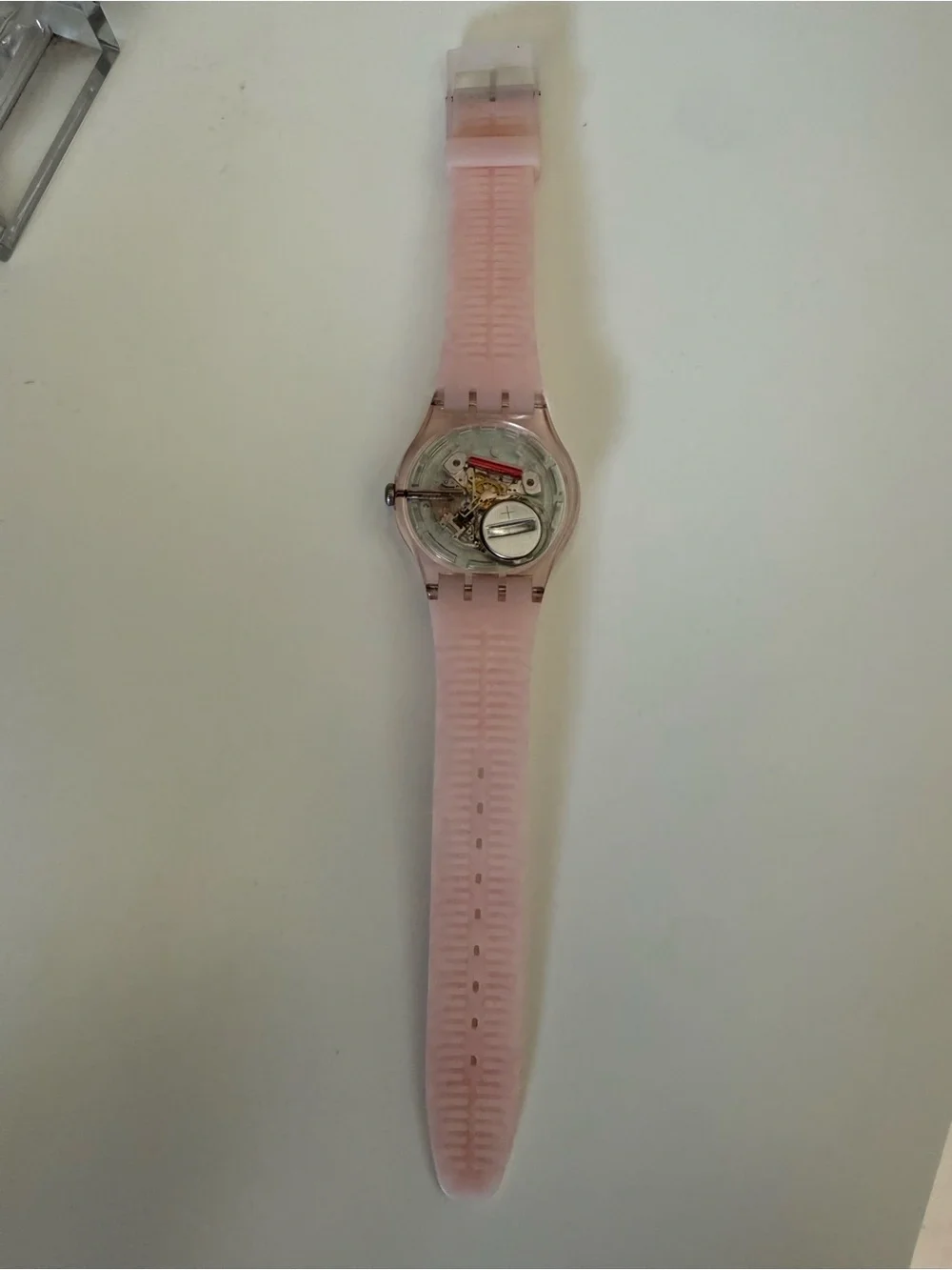 Swatch Pink Translucent Case with Patterned White and Pink Strap Watch